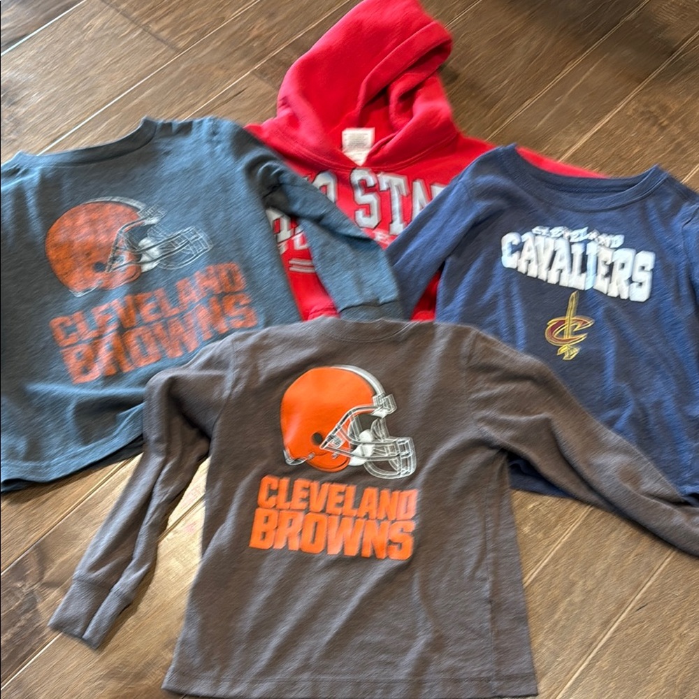 3 Kids Long Sleeve Shirt and 1 sweatshirt- Ohio state, Cavs, browns size 4/5